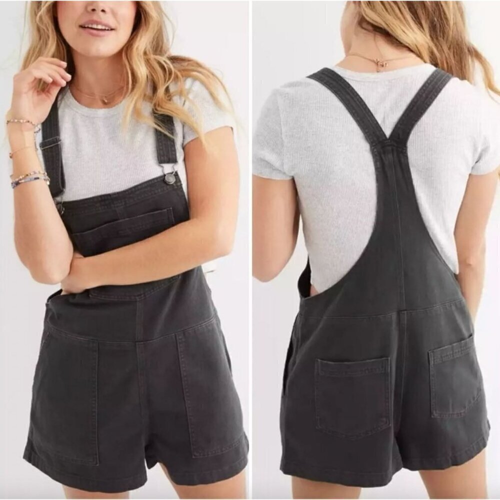 Aerie Werk and Play Denim Short Overalls TAN KHAKI Womens Size XS